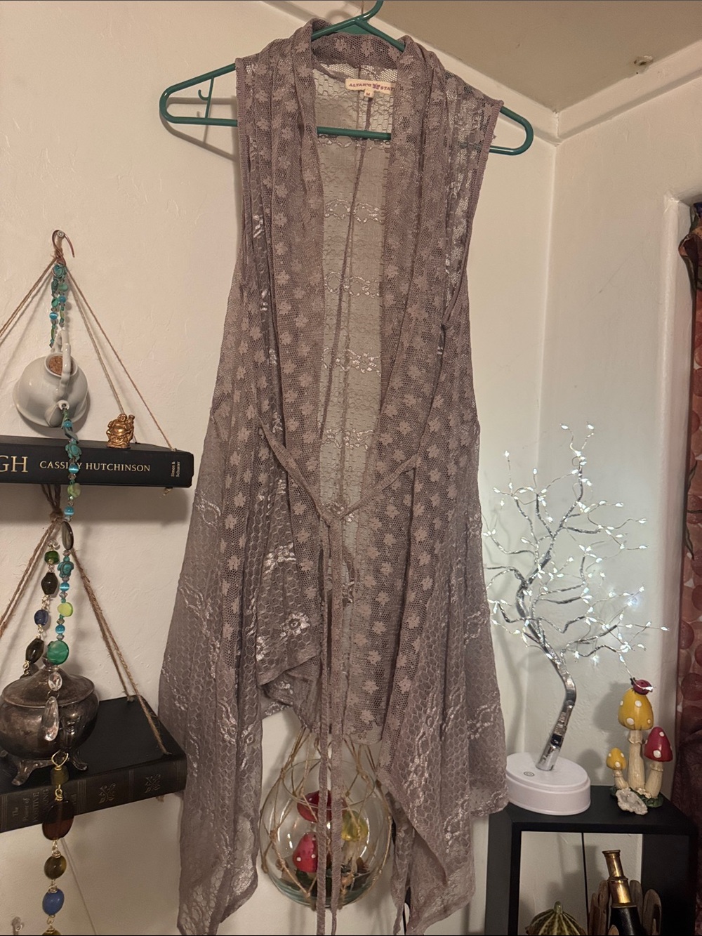 Altar'd State Lace Draped Open-Front Vest in Taupe
